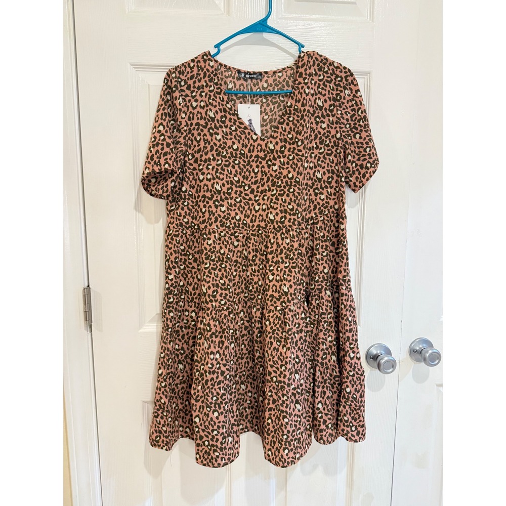 HTFBM Leopard Print Mini Dress Short‎ Sleeve Tiered Casual Pink Size S